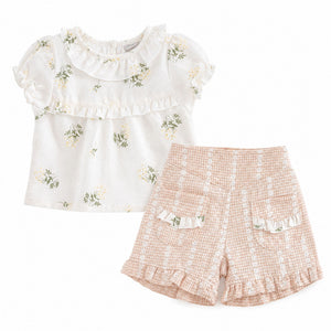 Baby girl floral summer outfit with cream embroidered top and pink gingham shorts, lightweight two piece baby clothes set