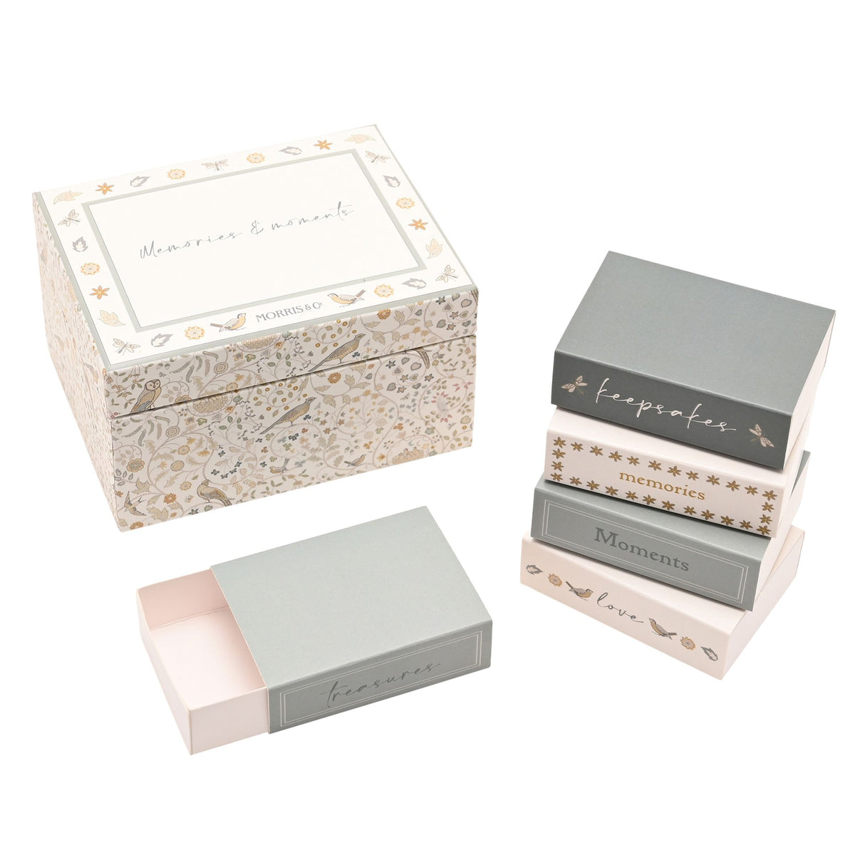 Floral keepsake box with stacked matchbox compartments and one drawer pulled open