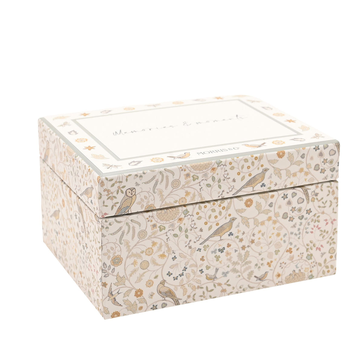 Closed patterned keepsake box viewed from the front left