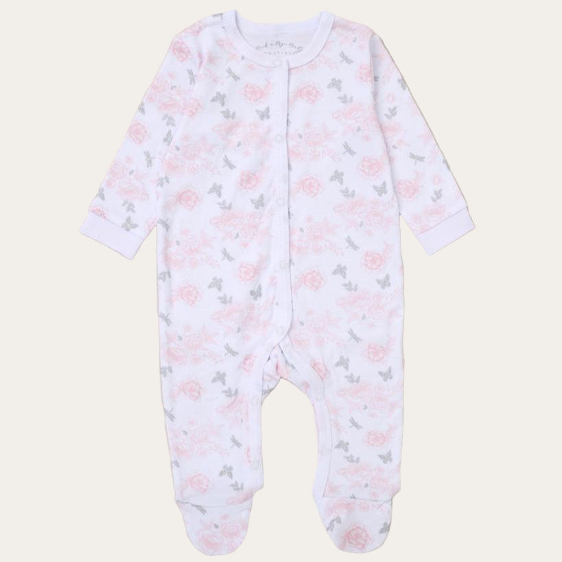 Baby sleepsuit with pink floral pattern