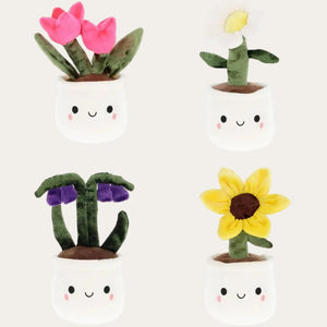 Flower Bobballs plush toy in pot, 12cm soft cuddly baby toy. Mini flower characters including sunflower and daisy designs.