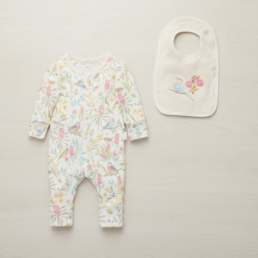 Flower Garden baby zip growsuit with matching reversible bib in organic cotton. Floral baby clothes set with bird print.