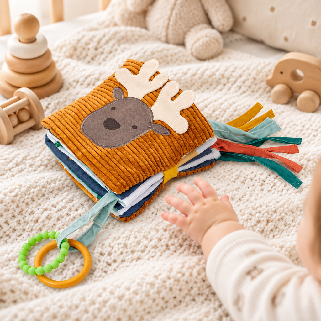 Forest soft baby activity book with a deer cover, fabric ribbons and teething ring beside a baby