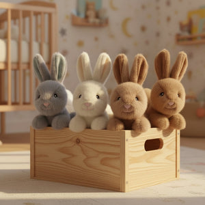 Four soft cuddly bunnies in a toy box.  Grey, cream, light brown and dark brown