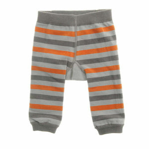 Grey and orange striped baby leggings laid flat, showing the ribbed waistband and ankle cuffs