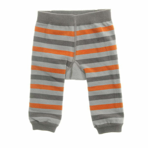 Grey and orange striped baby leggings laid flat, showing the ribbed waistband and ankle cuffs