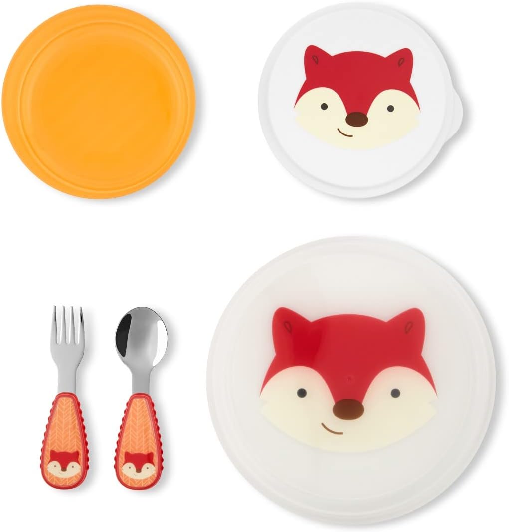 Fox-themed mealtime set containing a plate, a bowl with a lid, a fork and a spoon