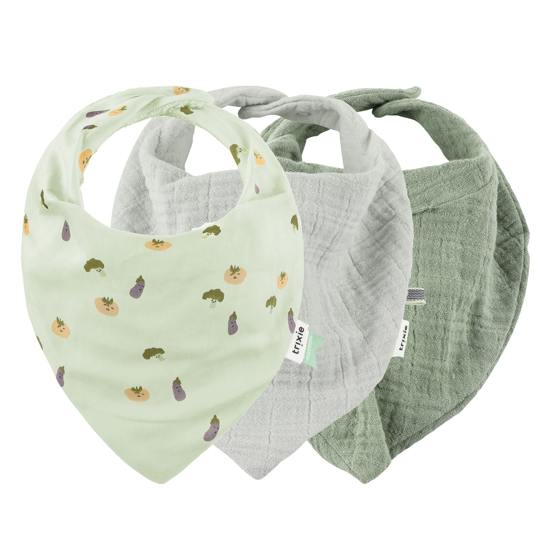 Set of 3 organic muslin bandana bibs.  One is pale green, one is green and the other has prints of friendly vegetables on a green background