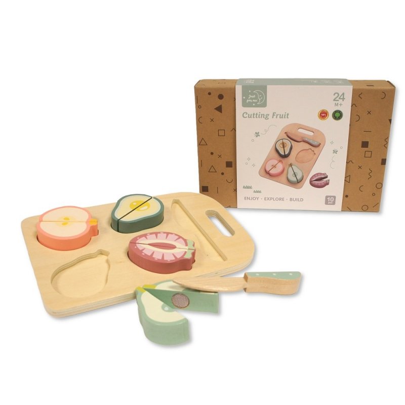 Wooden toy fruit cutting set featuring a cutting board and pieces representing different fruits