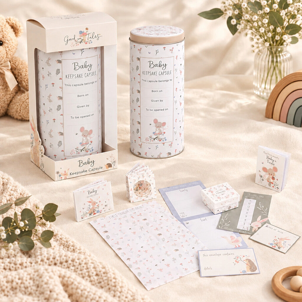 Garden Tales baby memory keepsake capsule tin and its photo album, books, envelopes and keepsake pieces laid out