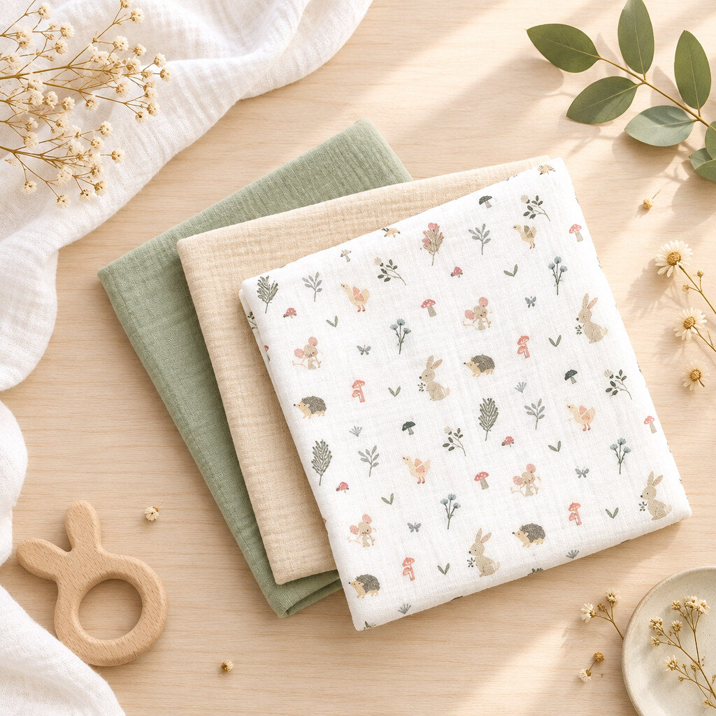 Three folded Garden Tales cotton muslin cloths in sage green, beige and white woodland print