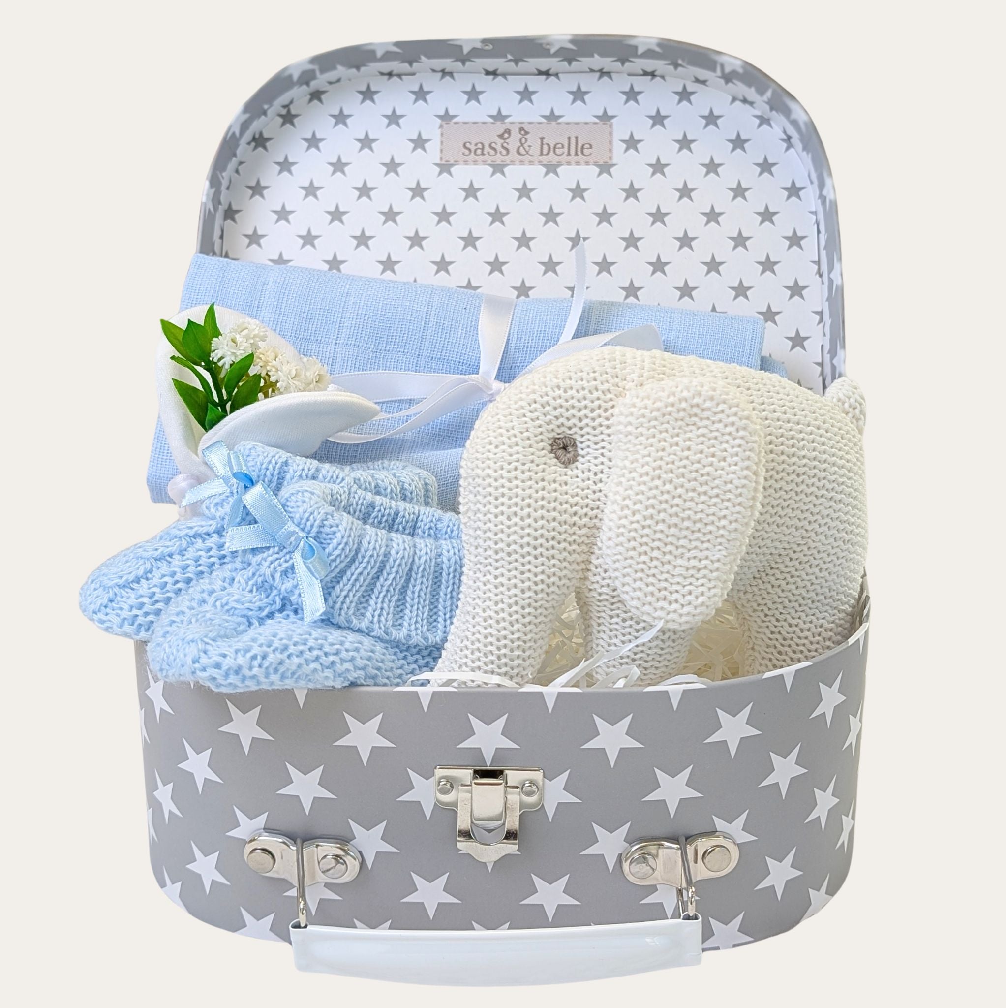 Organic knit elephant in a baby boy gifts box with beautiful presentation