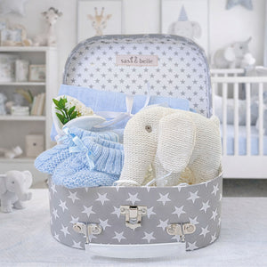 Presents for a baby boy in a hamper trunk with organic elephant.