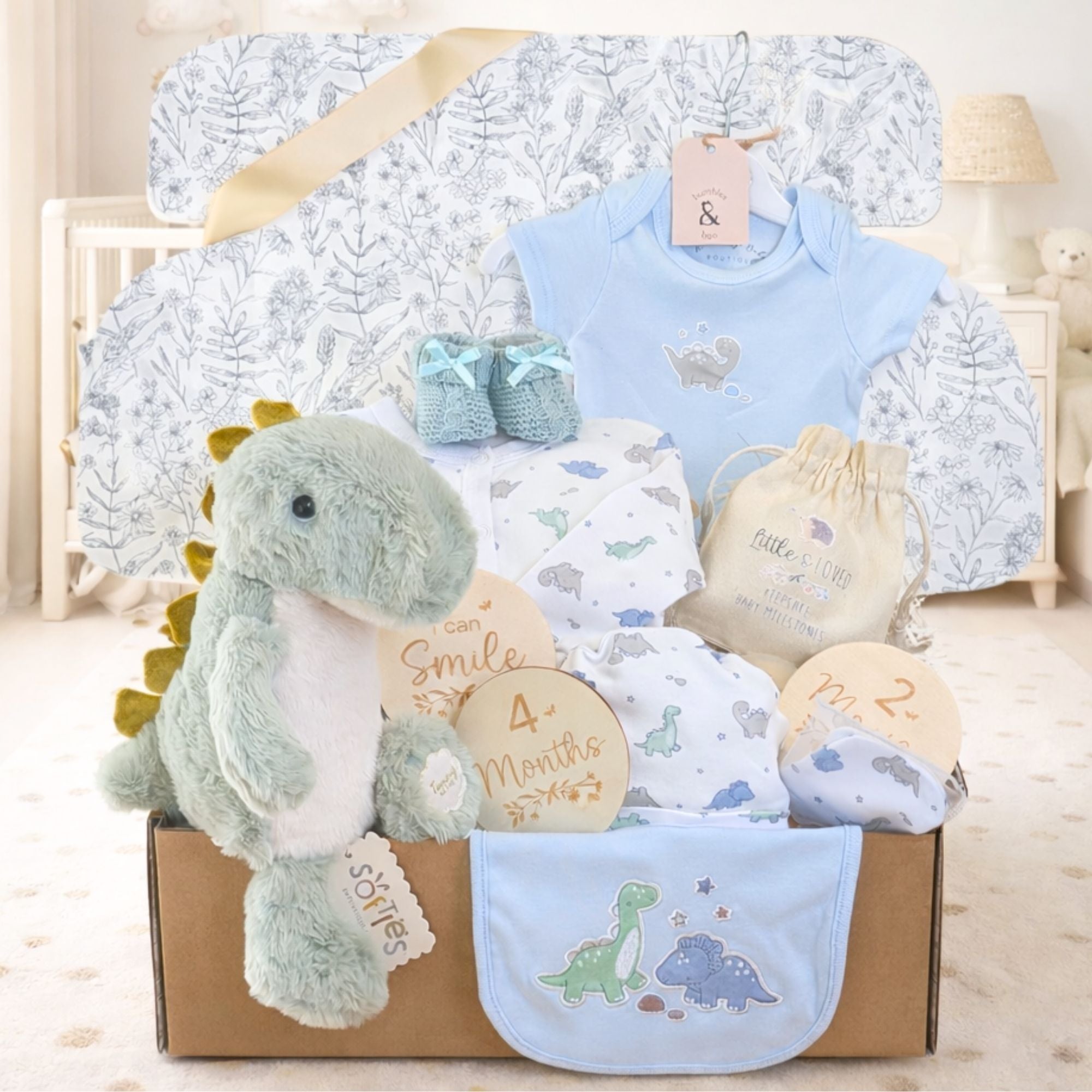 Gifts for baby boy with a dinosaur theme baby clothing and matching soft toy dinosaur.