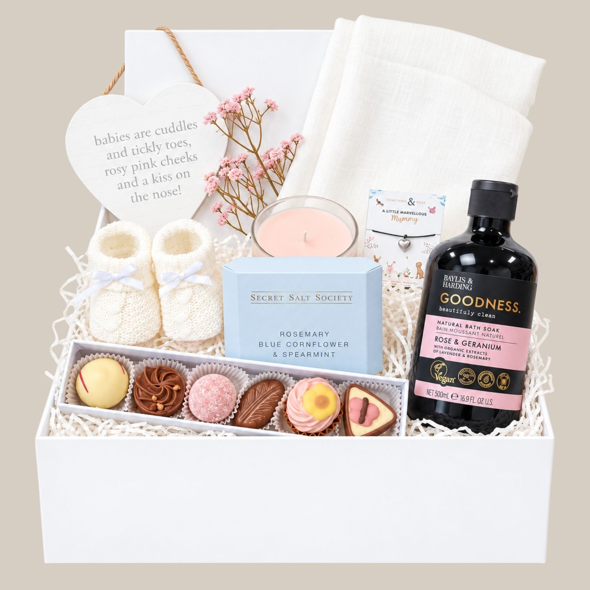 A gifts box for a new mum with relaxation treats for mum and delicious chocolates