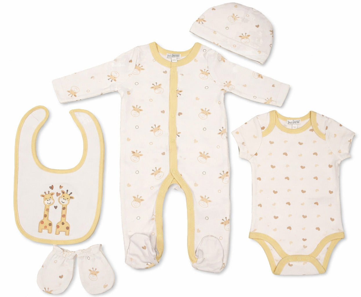 unisex baby clothes set with giraffe print including sleepsuit, bodyvest, bib, hat and mittens