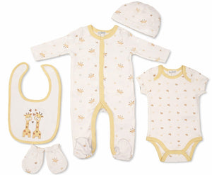 unisex baby clothes set with giraffe print including sleepsuit, bodyvest, bib, hat and mittens