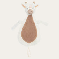 A soft baby comforter pacifier in the shape of a giraffe with a white and brown colour scheme.