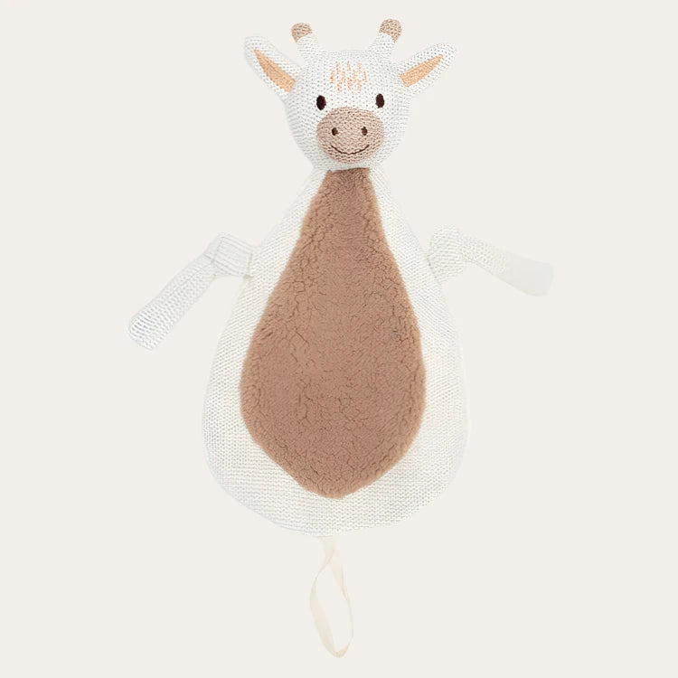 A soft baby comforter pacifier in the shape of a giraffe with a white and brown colour scheme.