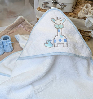 Giraffe baby bath towel in blue white and grey with a little hood.