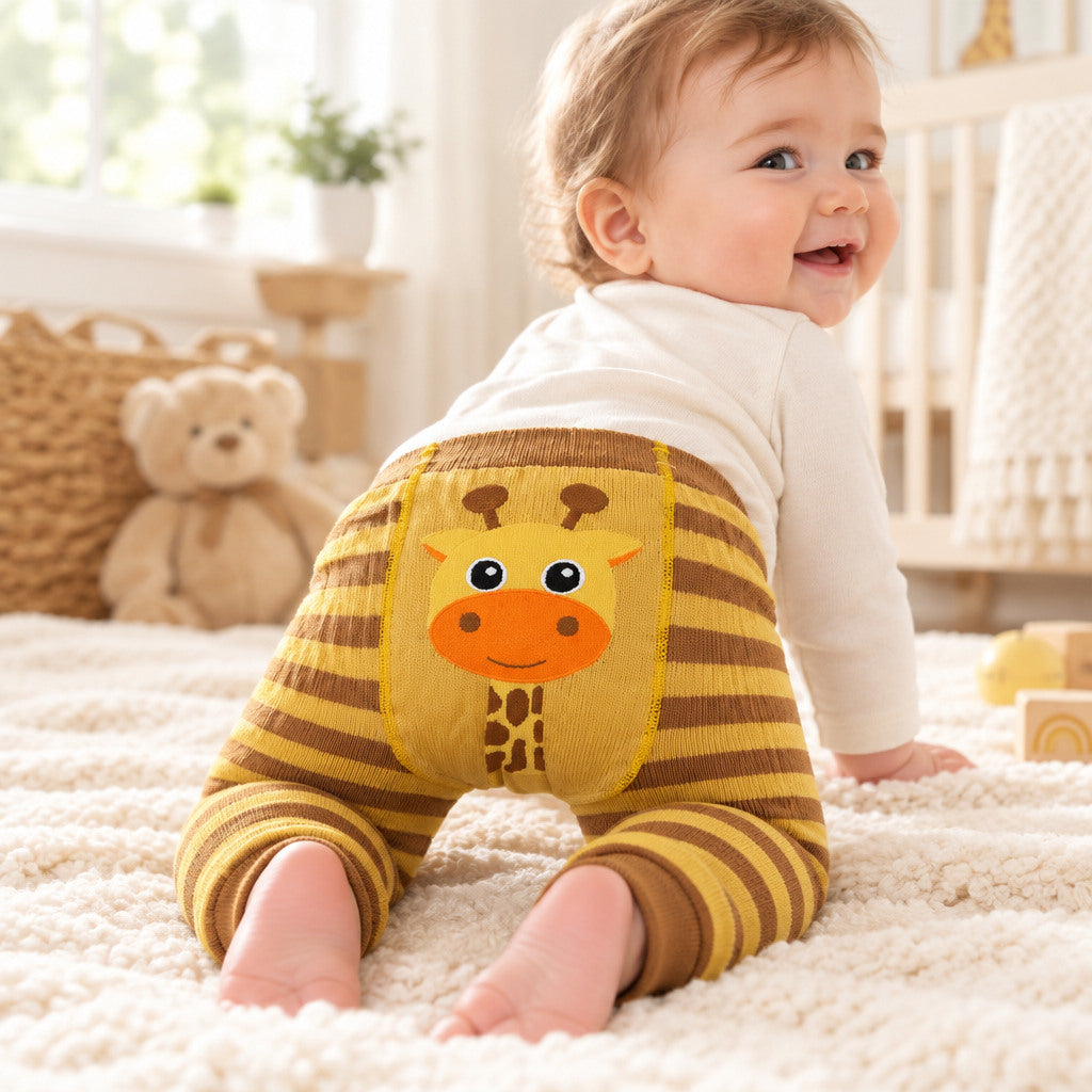 Orange and brown striped giraffe baby leggings with a giraffe face on the seat and ribbed waistband and ankle cuffs.