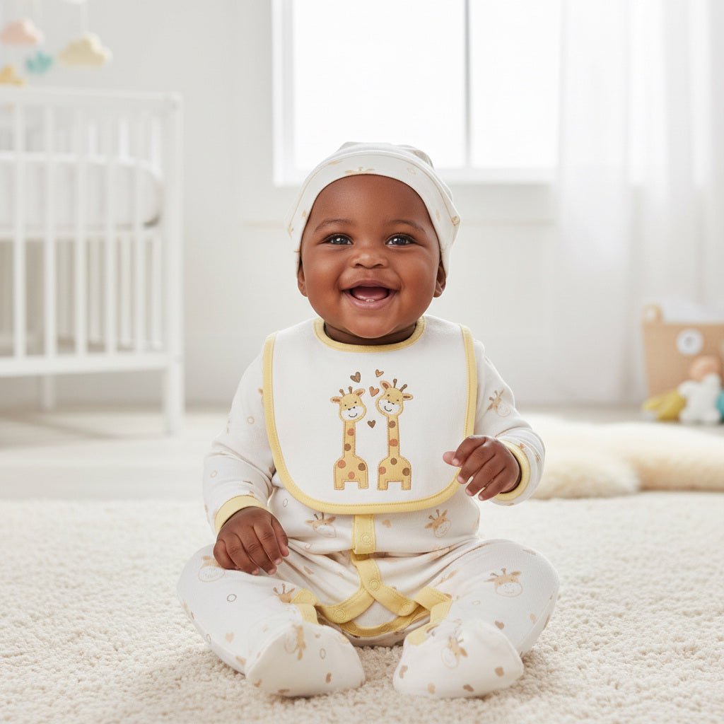 White baby clothes set with giraffe print and yellow trim. Sleepsuit, bib & hat modelled by a baby.