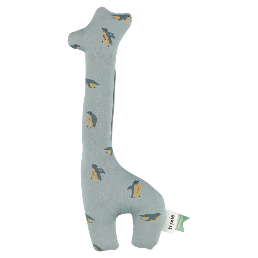 Organic giraffe shaped soft rattle in pale blue with a penguin print 
