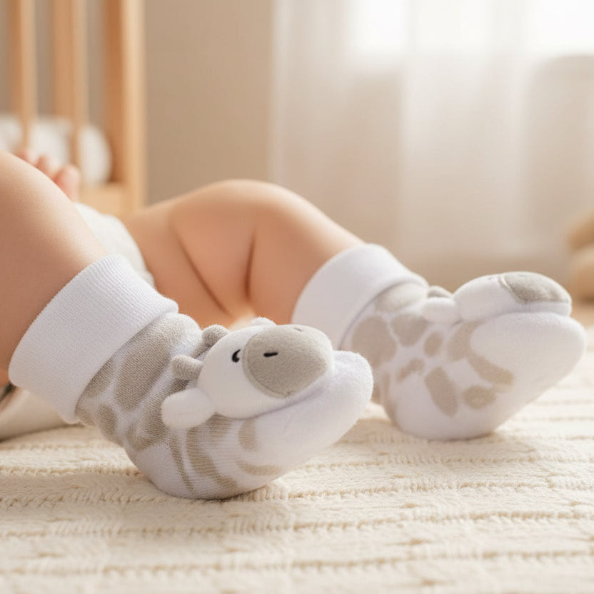 Baby wearing baby giraffe rattle socks with soft plush character detail, cosy baby clothes for newborn feet