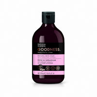 Goodness Rose and Geranium natural bath soak in a single dark 500ml bottle with a pink label on white.