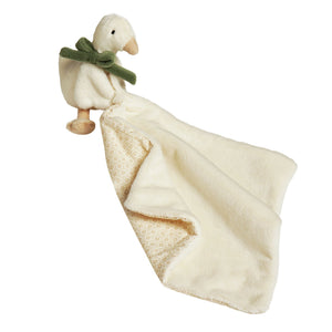 Goose baby comforter with cream blanket and patterned corner against white