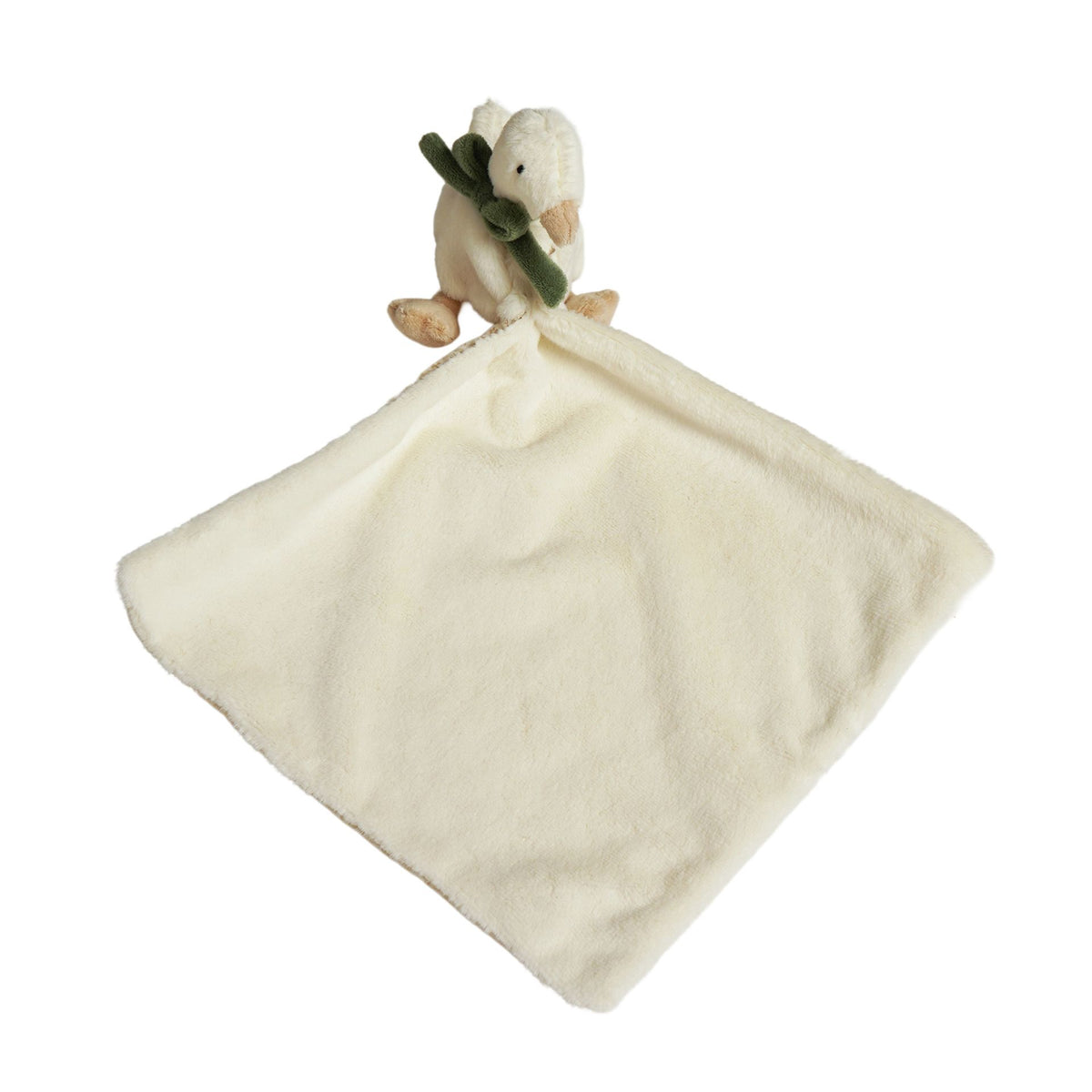 Goose comforter spread out to show the plain cream blanket side