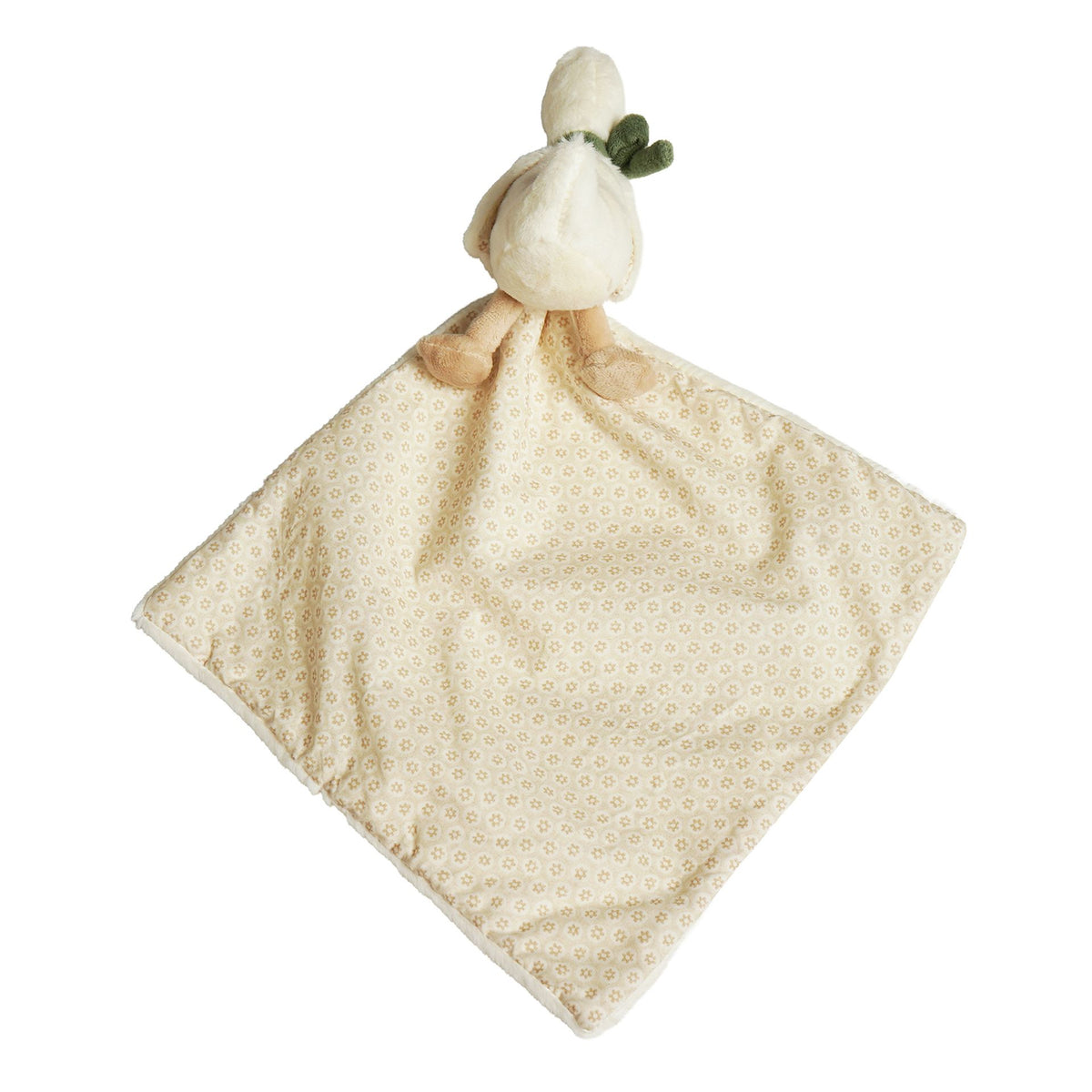 Patterned reverse of goose comfort blanket hanging below the character viewed from behind