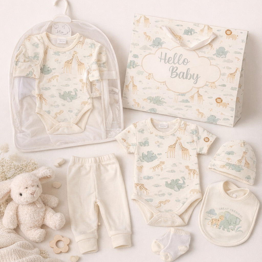 Great Friends baby clothes set with safari print bodysuit, trousers, hat, bib and socks in soft neutral tones.