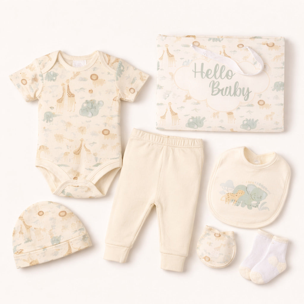 Great Friends baby clothes set with safari print bodysuit, trousers, hat, bib, mitts and socks in soft neutral tones.