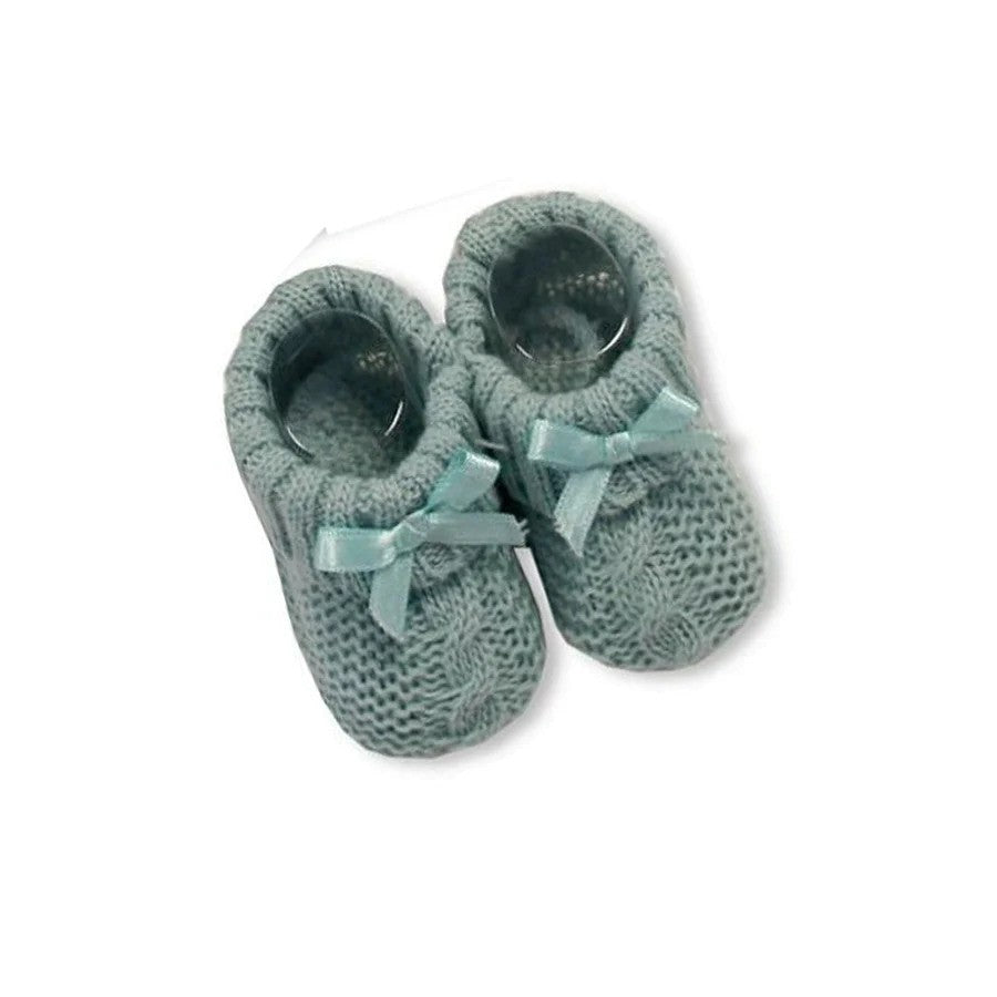 Knitted 'sage green' baby booties with satin bows