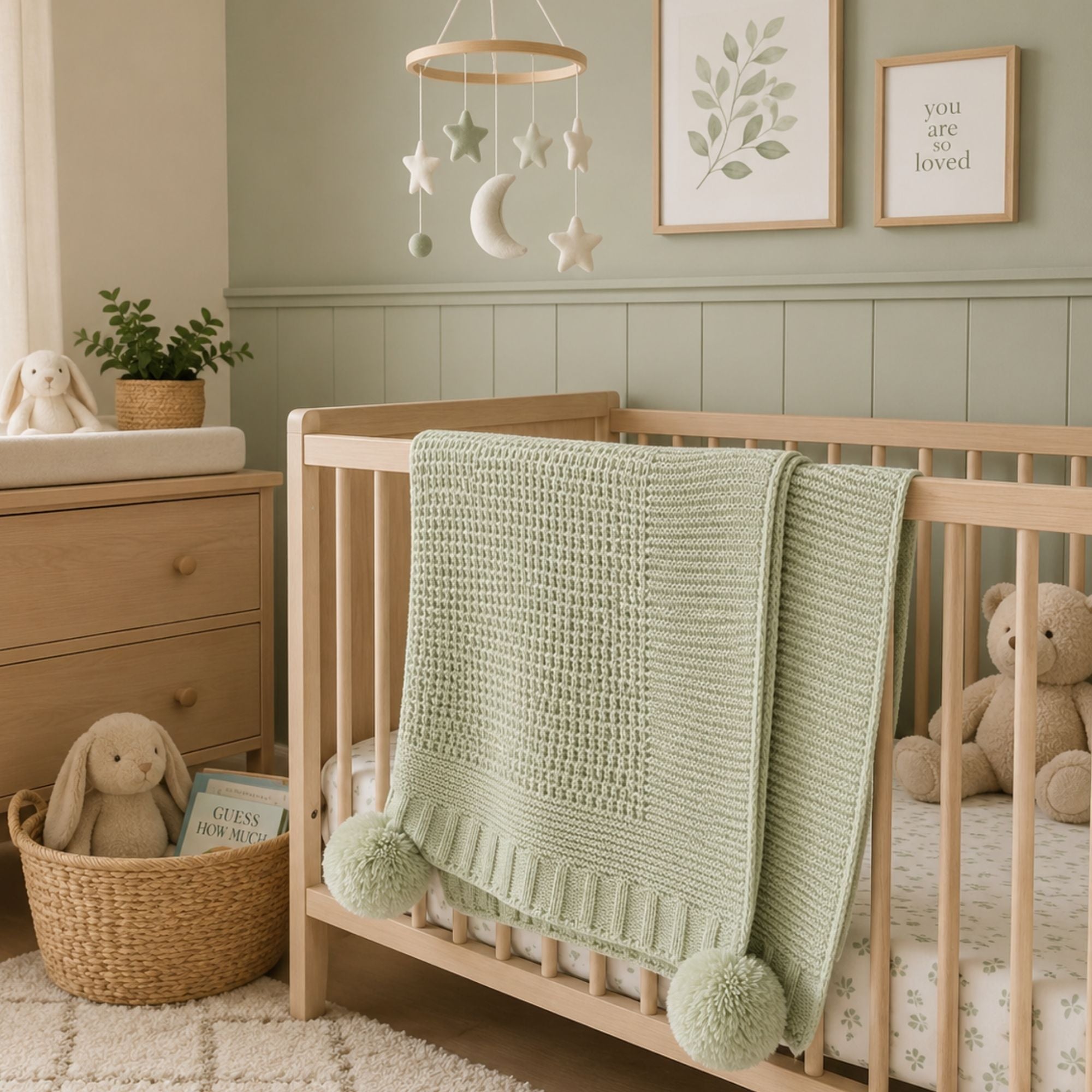 Soft ribbed knit baby blanket in pale green