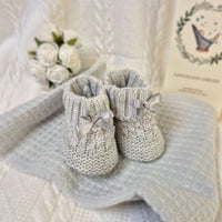 Knitted Grey Baby Booties with Satin Bow
