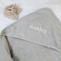 Personalised grey cotton hooded baby bath towel.