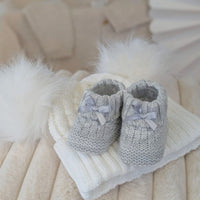 Grey knit baby booties with bows 0-3 months.