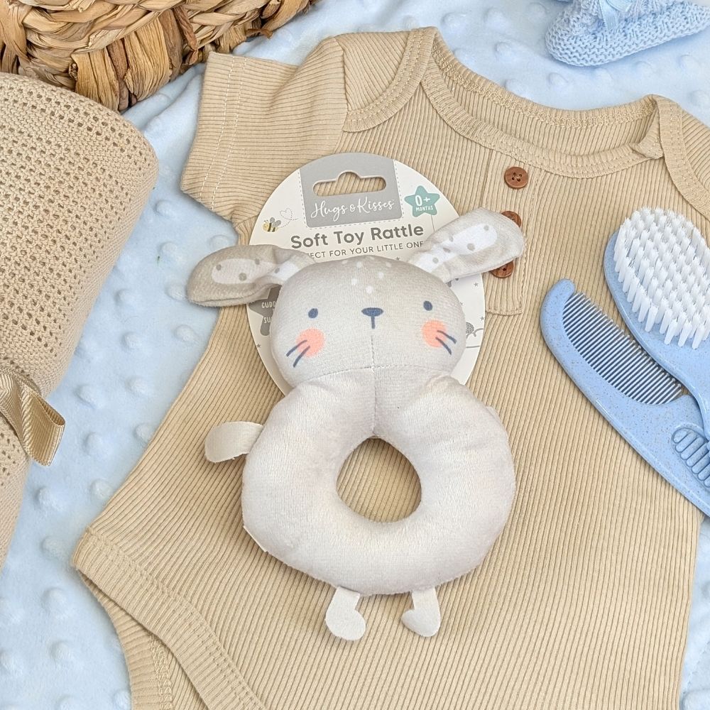 Gentle rattle for babies – plush cream grey bunny