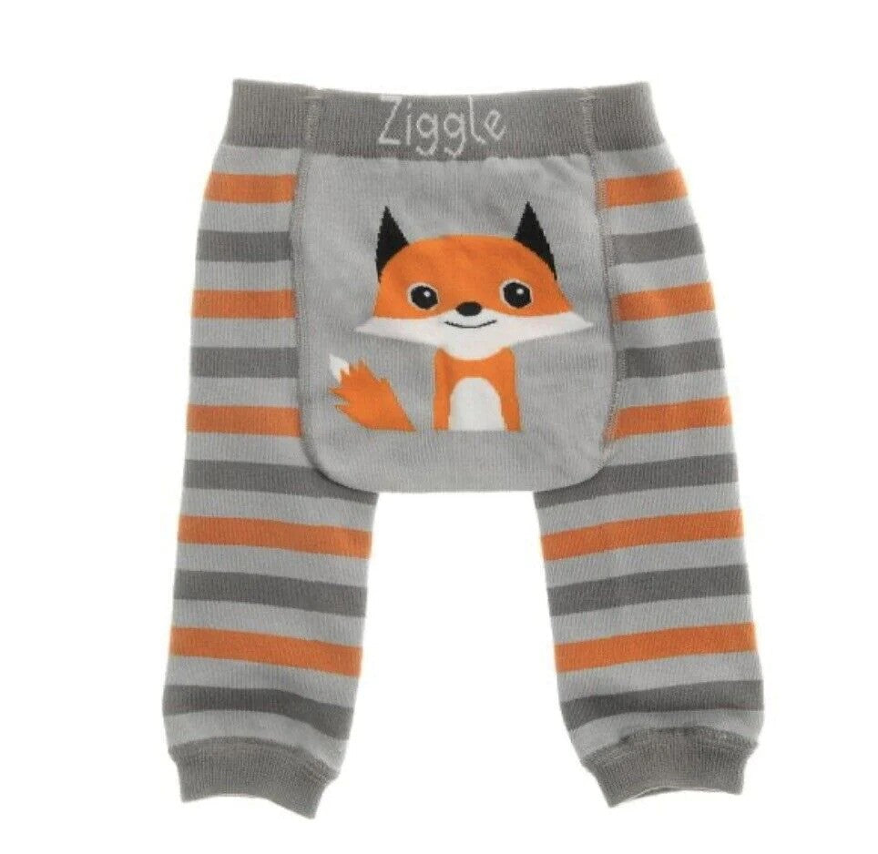 Grey and orange striped baby leggings with fox