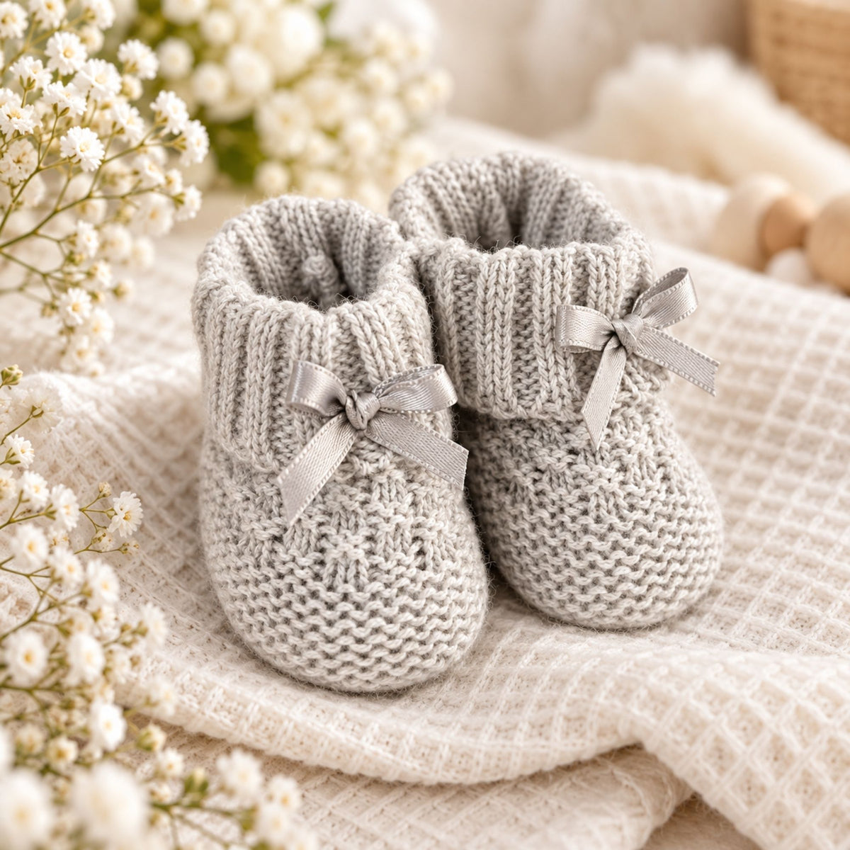 Grey knit baby booties with bows 0-3 months.