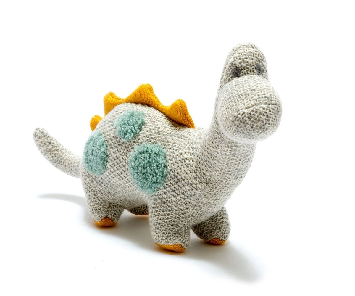 Grey and mustard coloured organic knit cotton diplodocus dinosaur toy