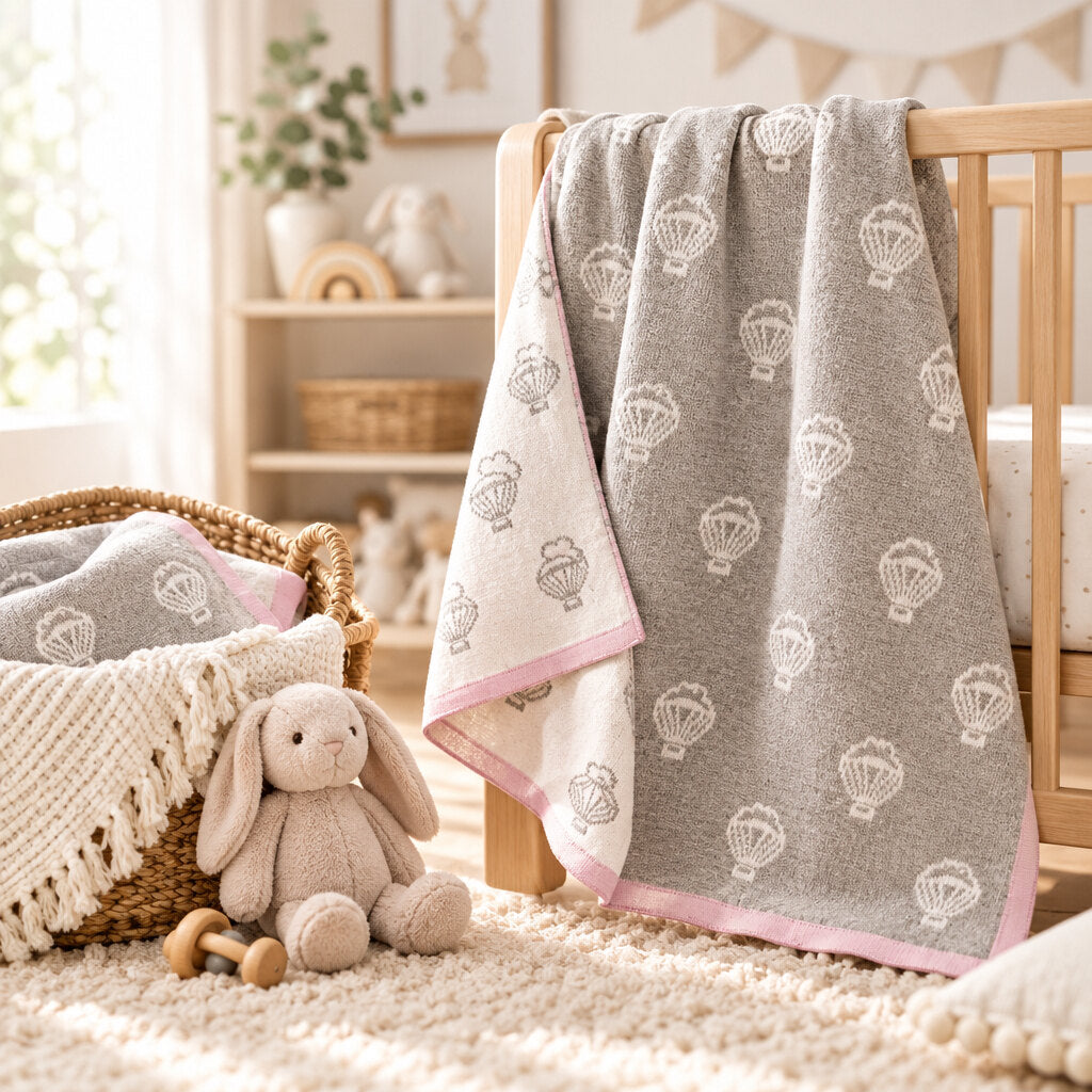 Grey and pink cotton baby shawl with pink border and balloon design, 70 x 90 cm