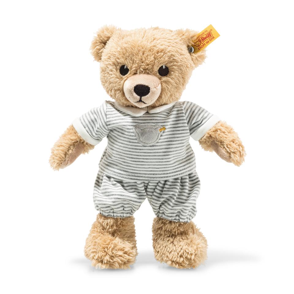 Sleep well soft toy bear 25cm by Steiff with removable grey and white striped outfit