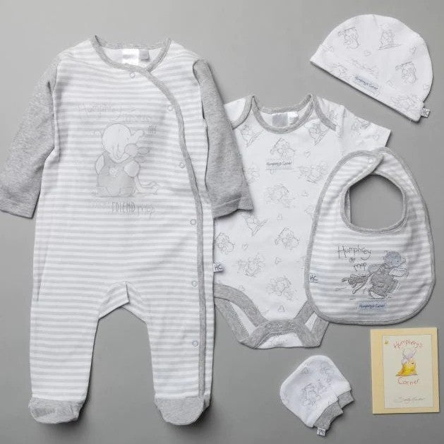Grey clothing set with sleepsuit, bodysuit, bib, mittens and hat plus story book