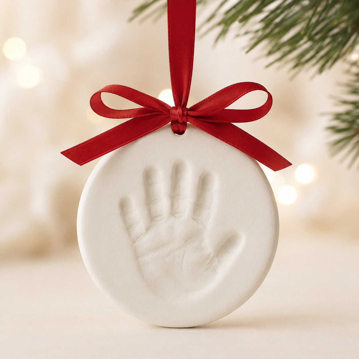 A hanging clay hand or foot print baby keepsake ornament