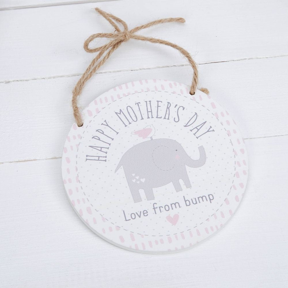 Wooden Mother's Day plaque with grey elephant and bird design and Love From Bump message