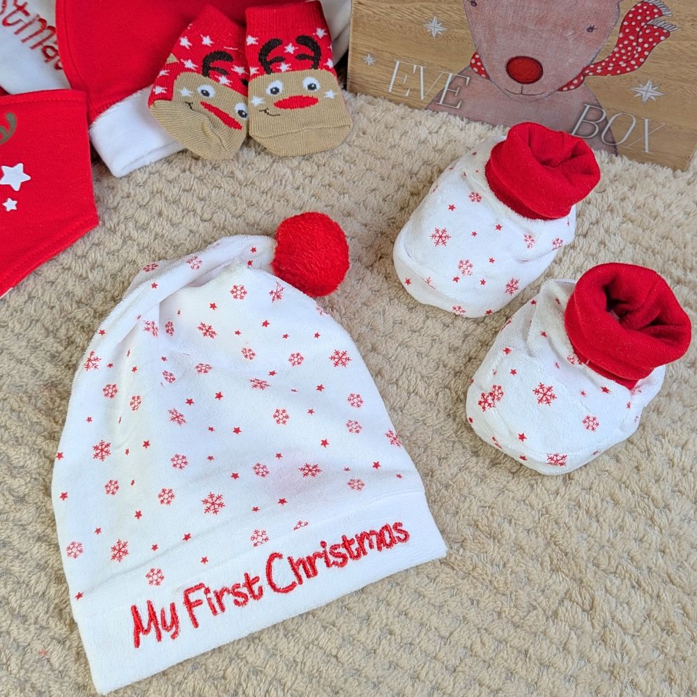 Baby Christmas booties and hat set red and white.