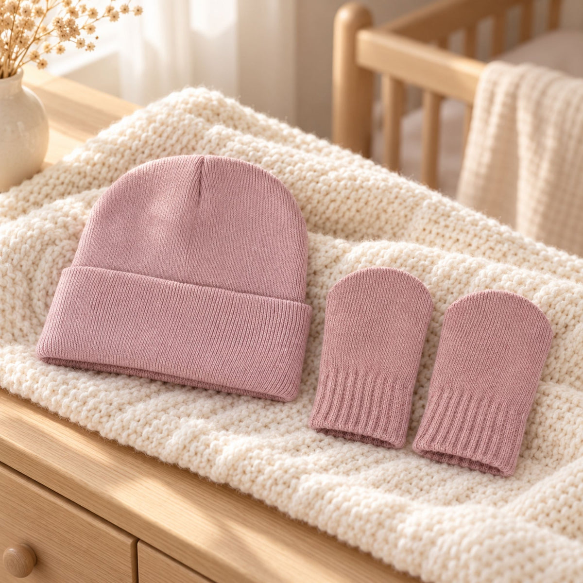 A baby knit hat and matching mittens